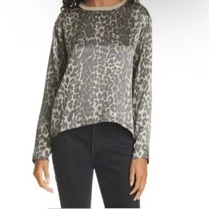 ATM 100% Silk Leopard Print Long-Sleeve Top in Olive Green/Black Sz SM